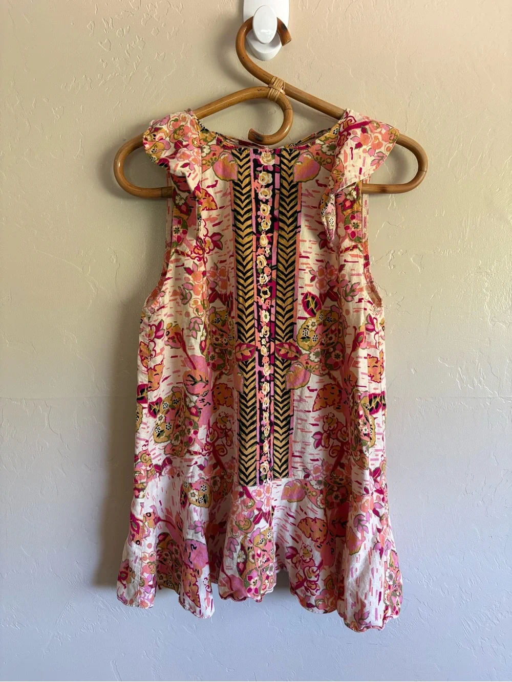 Free People Pink Floral Summer In Tulum Ruffle Mini Dress Linen Tie Back Size S